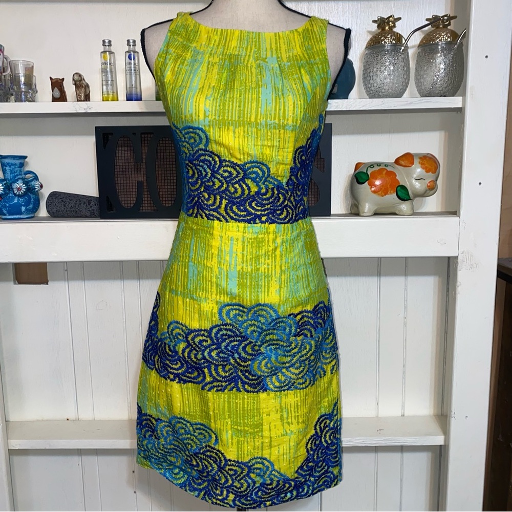 Anthropologie Tabitha Neon‎ Blue Embroidered Shift Dress Size 0